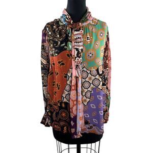 Anthropologie Conditions Apply Multi Blouse Paisley Tie-Neck Pullover Size Large
